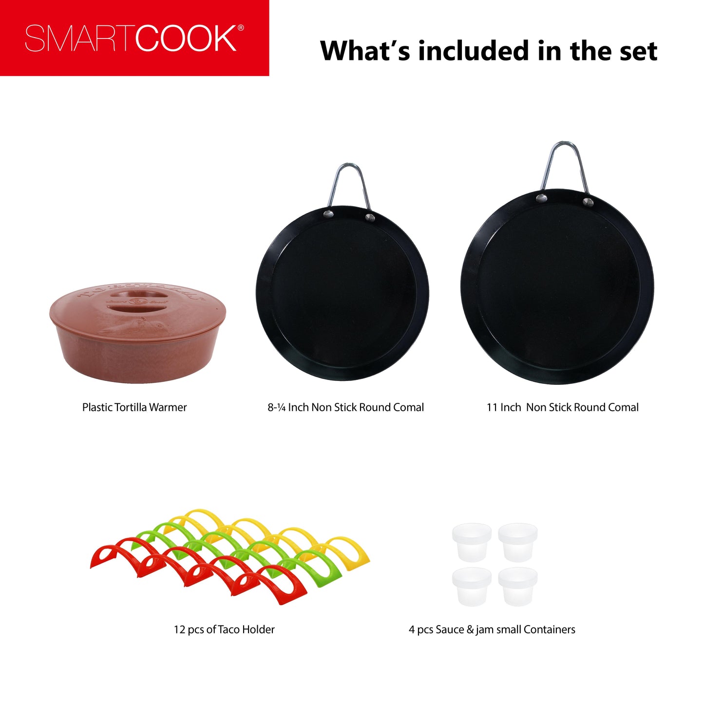 Smartcook 8" ,11 " Metal Round Comals and Plastic Tortillas Warmer Set with Taco holders, Rotis Press, Tortilla Makers, Tortilla Holder, Microwave Safe, Tortilla Server, Tortilla Warmer With Lid ,Kitchen Oven, Jam box