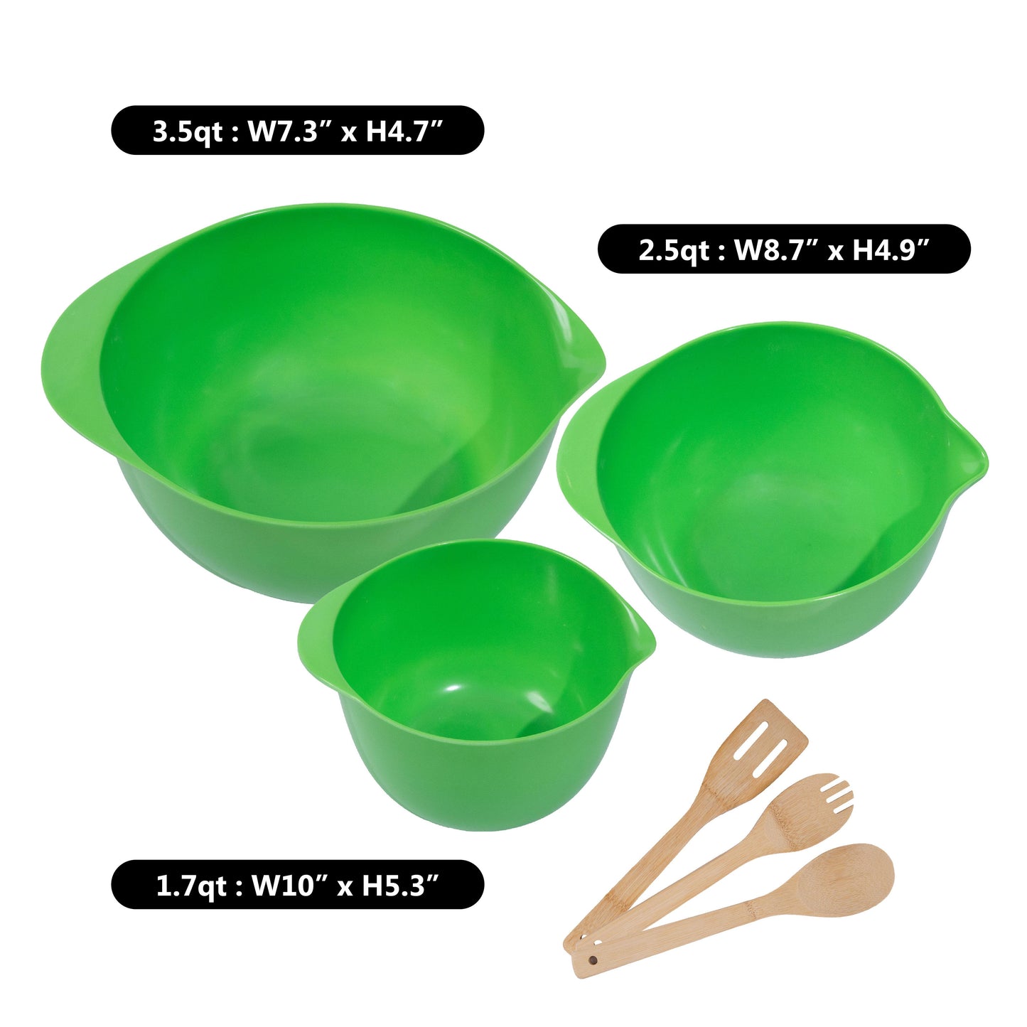 SmartCook Nesting Mixing Bowls Set with Bamboo Utensils - Set of 3 Prep Bowls, 2.5 quart, 3.5 quart, 4.5 quart, Non-Slip Bottoms with Easy Pour Spout, Reduce Mess, Great for Mixing & Serving, BPA Free Plastic, Dishwasher Safe, (Green)