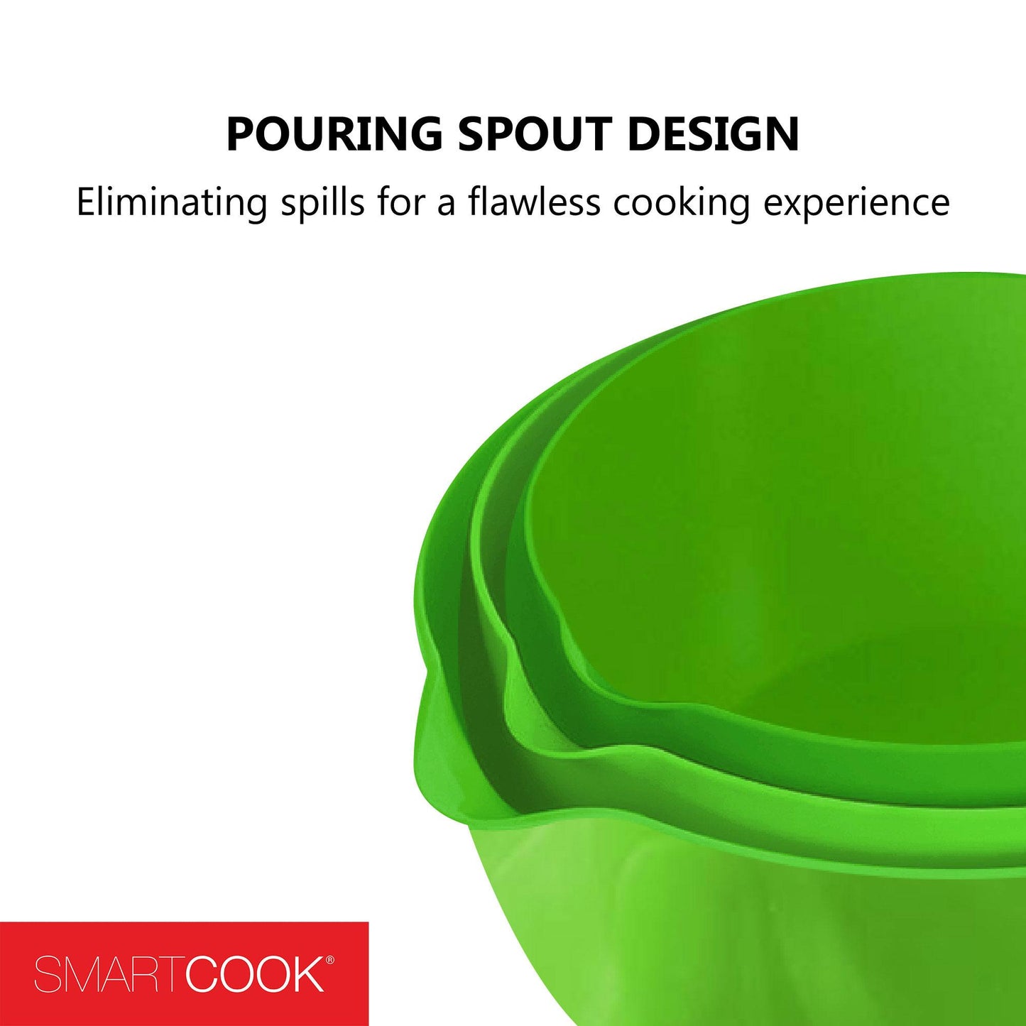 SmartCook Nesting Mixing Bowls Set with Bamboo Utensils - Set of 3 Prep Bowls, 2.5 quart, 3.5 quart, 4.5 quart, Non-Slip Bottoms with Easy Pour Spout, Reduce Mess, Great for Mixing & Serving, BPA Free Plastic, Dishwasher Safe, (Green)
