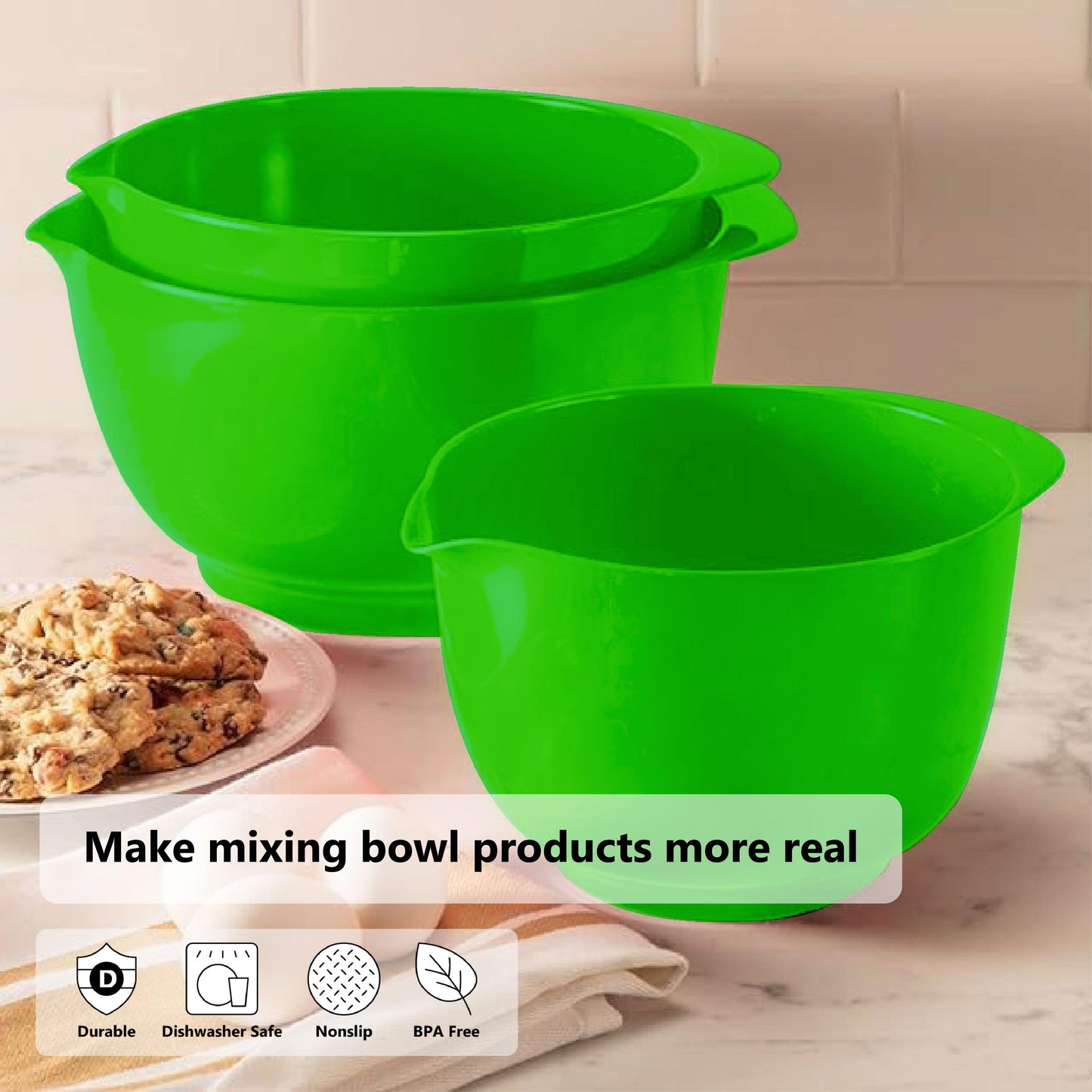 SmartCook Nesting Mixing Bowls Set with Bamboo Utensils - Set of 3 Prep Bowls, 2.5 quart, 3.5 quart, 4.5 quart, Non-Slip Bottoms with Easy Pour Spout, Reduce Mess, Great for Mixing & Serving, BPA Free Plastic, Dishwasher Safe, (Green)