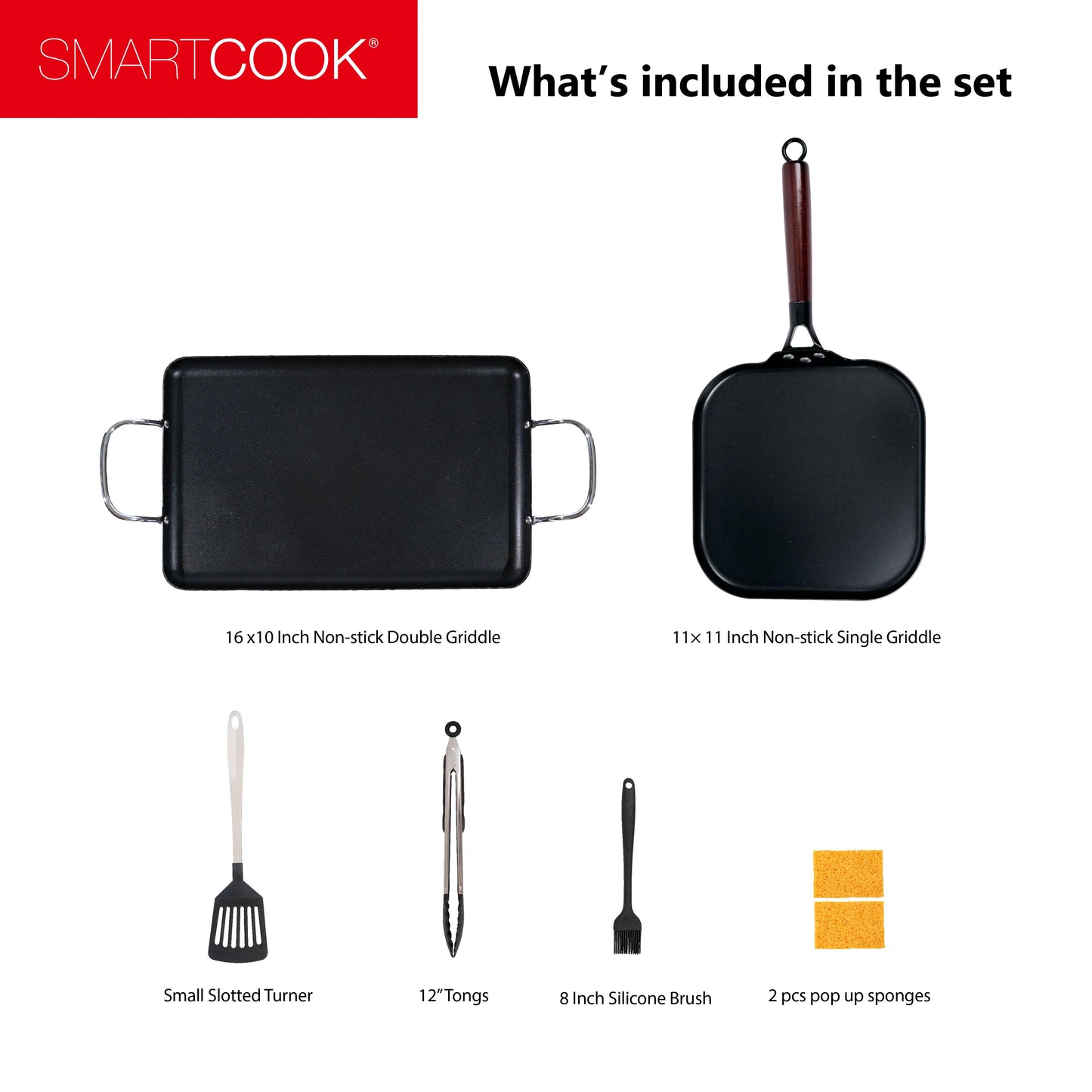 SmartCook Square Griddle Pan/Double Burner Carbon Steel With Utensils Set , Skillets Pan , Durable, Foodi , Perfect for Stove-Tops, Non-Toxic Cookware Set, Bakelite Handle, Cookware set, PFOA Free, Dishwasher Safe cookware pots and