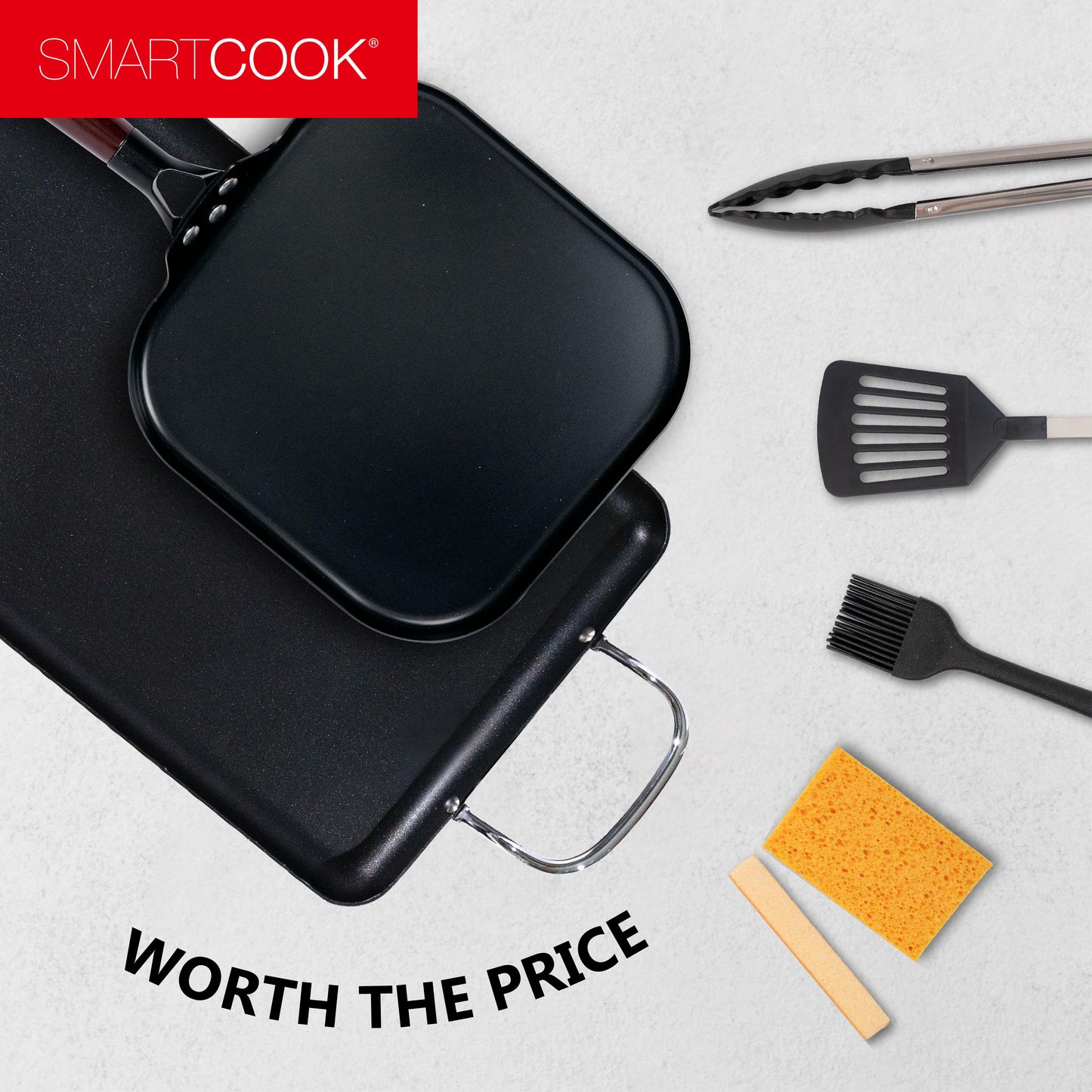 SmartCook Square Griddle Pan/Double Burner Carbon Steel With Utensils Set , Skillets Pan , Durable, Foodi , Perfect for Stove-Tops, Non-Toxic Cookware Set, Bakelite Handle, Cookware set, PFOA Free, Dishwasher Safe cookware pots and