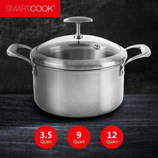 SmartCook Nonstick 2/3.5/9 Quart Stainless Steel Stock Pot/Pot/Stockpot/Soup Pot with Tempered Glass Lid - Chef's Classic Multipurpose Sauce Pot, Stay-Cool Handle, Compatible with All Stovetops, Dishwasher Safe