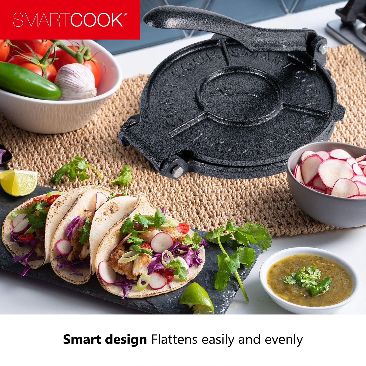 Smartcook Metal Tortillas Press 7 Inch and Plastic Warmer 8.6 Inch With Taco Holders, Rotis Press, Tortilla Makers, Tortilla Holder, Microwave Safe, Tortilla Server,Tortilla warmer with lid