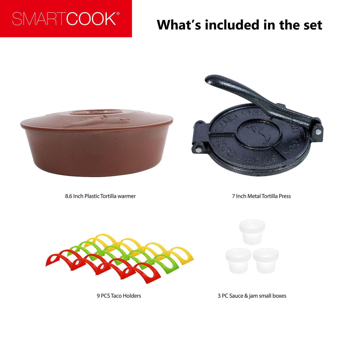Smartcook Metal Tortillas Press 7 Inch and Plastic Warmer 8.6 Inch With Taco Holders, Rotis Press, Tortilla Makers, Tortilla Holder, Microwave Safe, Tortilla Server,Tortilla warmer with lid